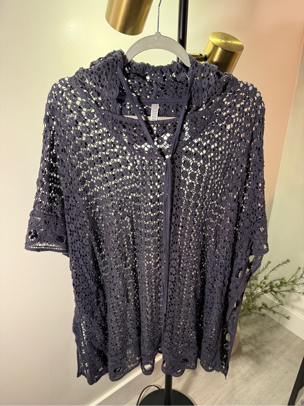 Monoreno hoodie tunic dress sm bohemian layering cooling open work Navy Crochet